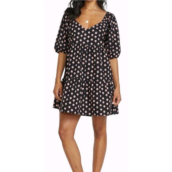 Billabong Breezy Palms Black Pebble Cotton Sundress Puff Sleeves Romantic NWT XL - Picture 1 of 16